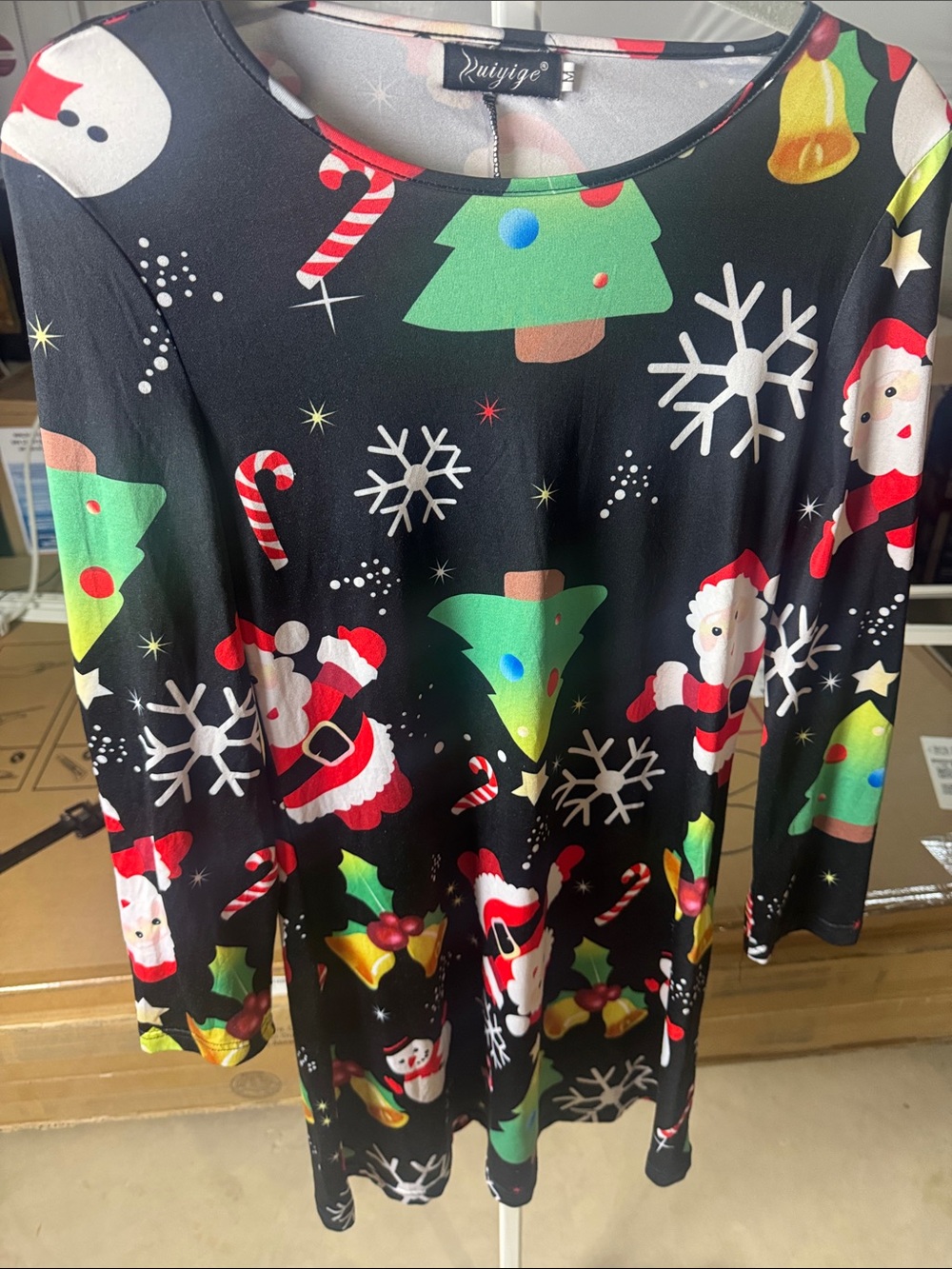 Wiyige Black Holiday Dress with Colorful Christmas Print